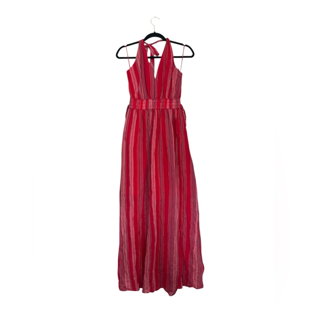 Amaryllis Halter Maxi Dress Stripes Cotton Smocked Gauzy Lined Dress Size XS